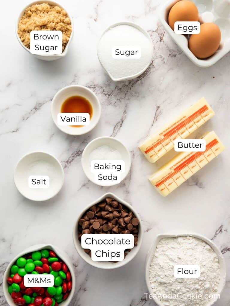 Ingredients for MM Christmas cookies. A group of ingredients in bowls, ready to be mixed for delicious MM Christmas Cookies.