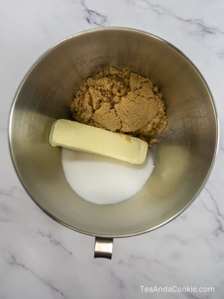 Picture of creaming together butter, brown sugar and granulated sugar