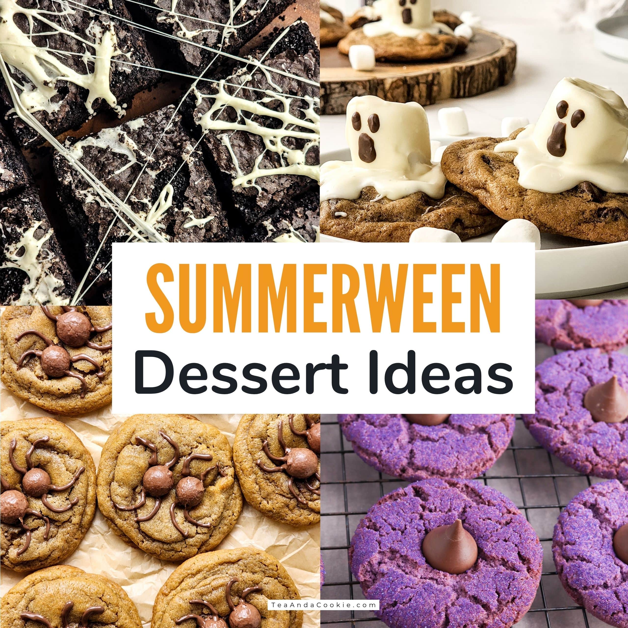 Spiderweb brownies, ghost chocolate chip cookies, spider cookies and witch hat cookies with Summerween Dessert Ideas written in the middle