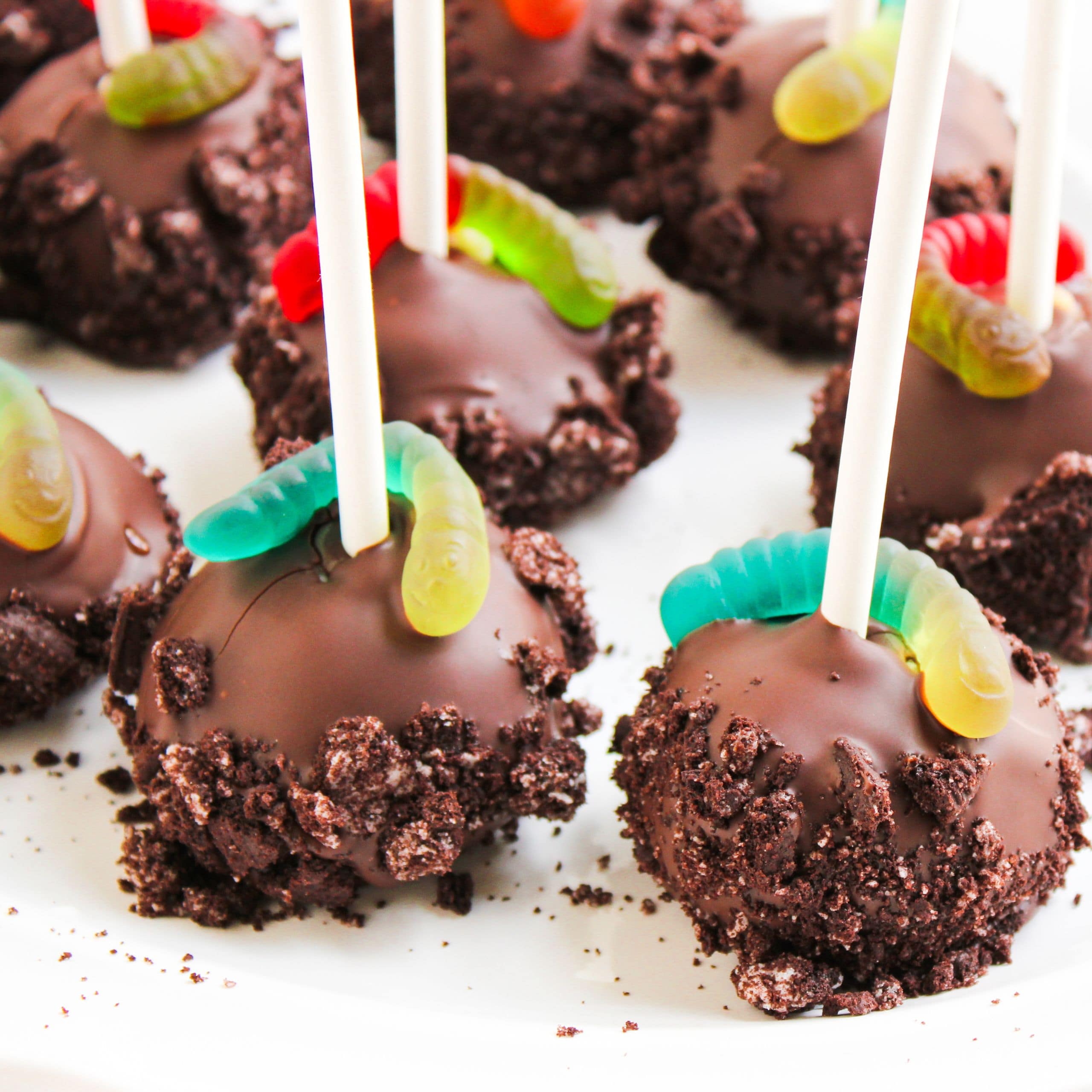 A plate of chocolate coated cake pops that have gummy worms on top