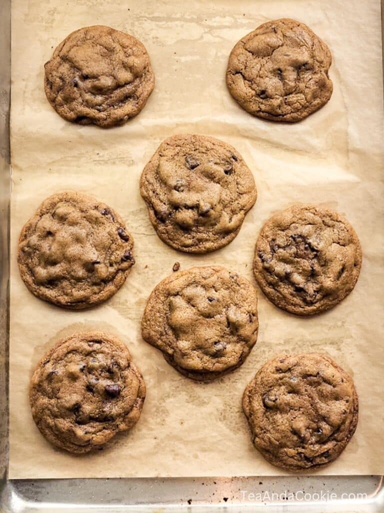 Nine chocolate chip cookies on a parchment-lined baking sheet, freshly baked and evenly spaced.