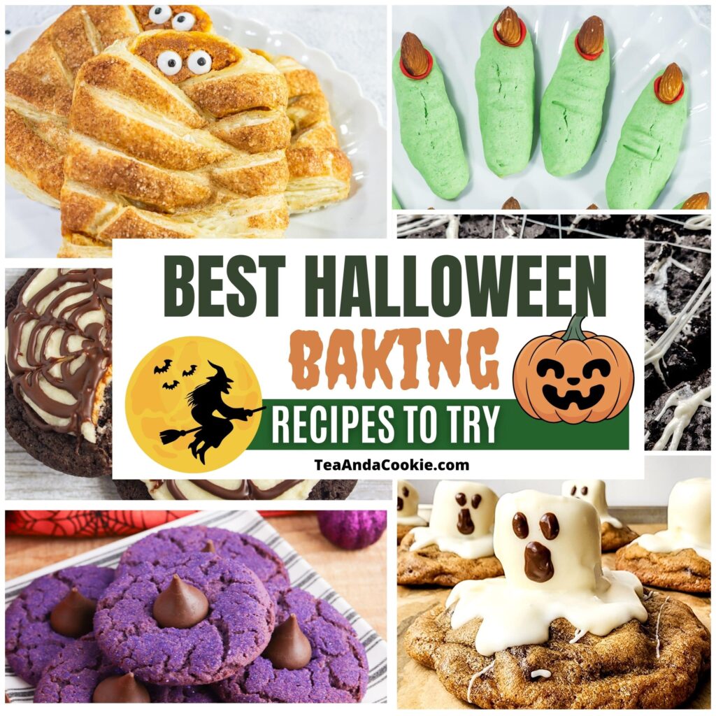 Best Halloween baking recipes. Collage of Halloween-themed baked goods—mummy and ghost cookies, witch finger cookies, purple cookies, brownies—with a banner in the center highlighting the best Halloween baking recipes to try.