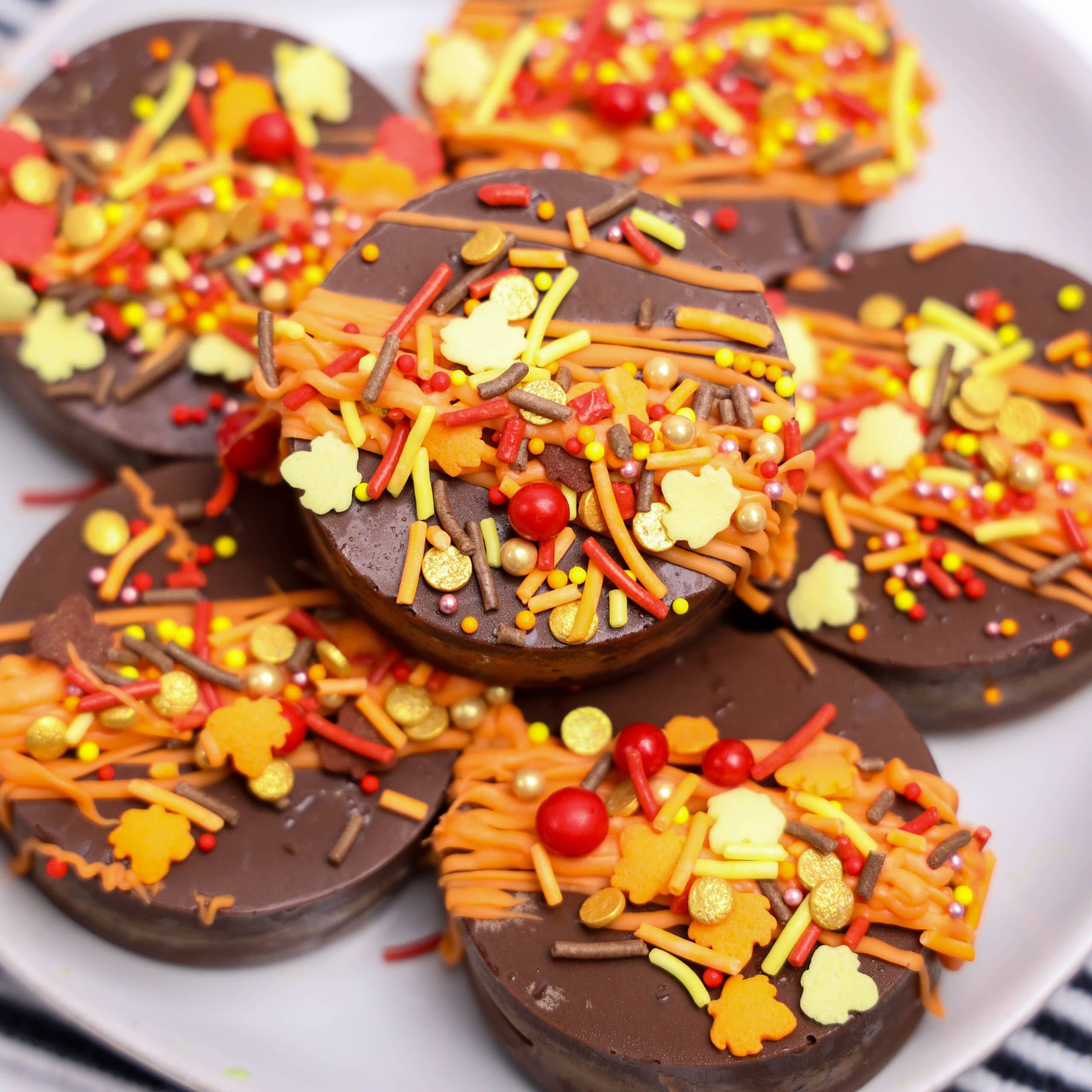 Chocolate covered Oreos for fall. A plate of chocolate-covered cookies decorated with orange, yellow, and red autumn-themed sprinkles and shapes.