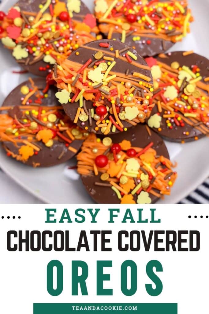 A plate of chocolate-covered Oreos for fall, decorated with colorful autumn-themed sprinkles and candies. The text below reads Easy Fall Chocolate Covered Oreos.