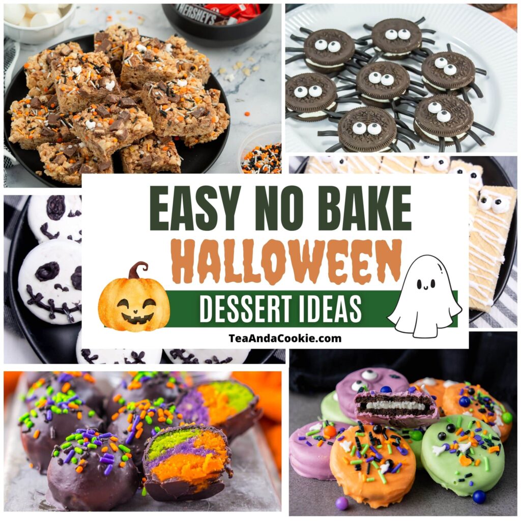 Easy No Bake Halloween Dessert Ideas. Collage of easy no-bake Halloween desserts, including decorated rice crispy squares, Oreo spiders, mummy cookies, colorful chocolate-covered treats with festive sprinkles, and easy pecan pie desserts.