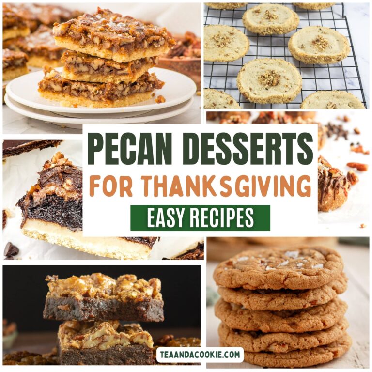 A collage of various pecan desserts including bars, cookies, and pie with the text Pecan Desserts for Thanksgiving, Easy Recipes in the center.