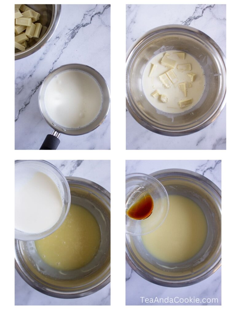 Four-step process: heating cream, melting white chocolate, combining cream with melted chocolate, and adding vanilla extract in a metal bowl on a marble surface.
